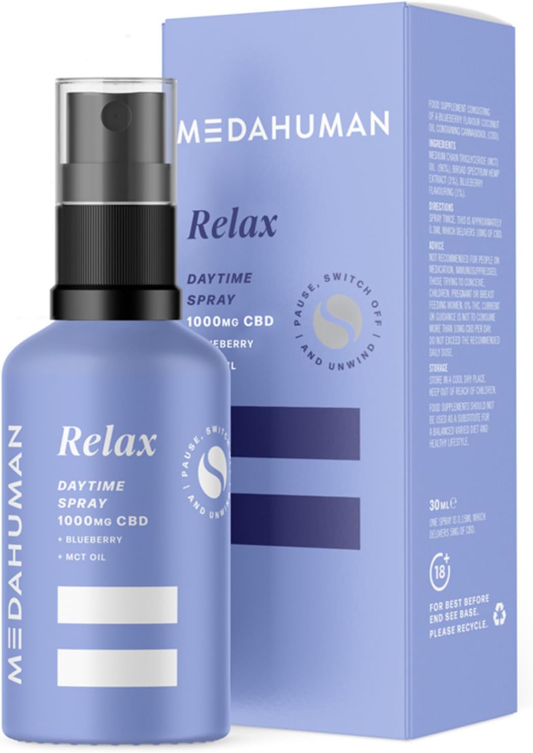 MEDAHUMAN RELAX CBD Spray, MCT Oil, Blueberry Flavour, Relaxing Drops 30ml