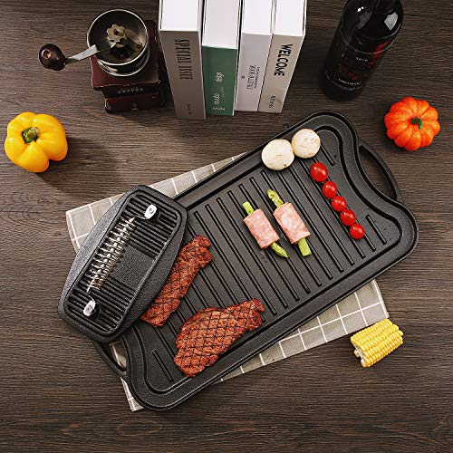 COOKWIN Cast Iron Griddle Grill Pan, 20\"x10\" Pre-Seasoned Cast Iron Griddle for Stovetop with Accessories Includes Cast Iron Grill Press (5\"x 9\"), Grill Pan Scraper and Chainmail Cleaner - Thumbnail 2