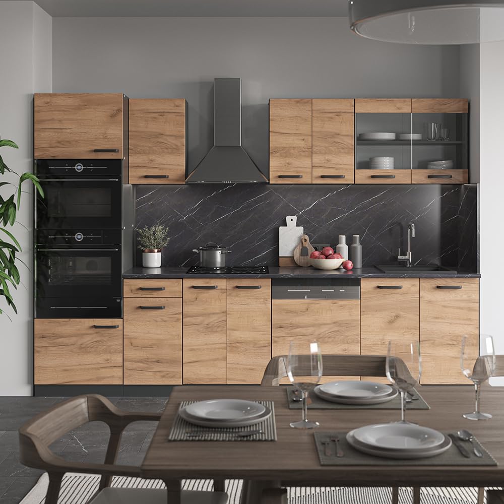 Vicco Cuisine R-Line, Chêne de Force doré, 300cm avec Armoire Haute, PT Anthracite, adapté à la Combinaison et à l’Extension Individuelles