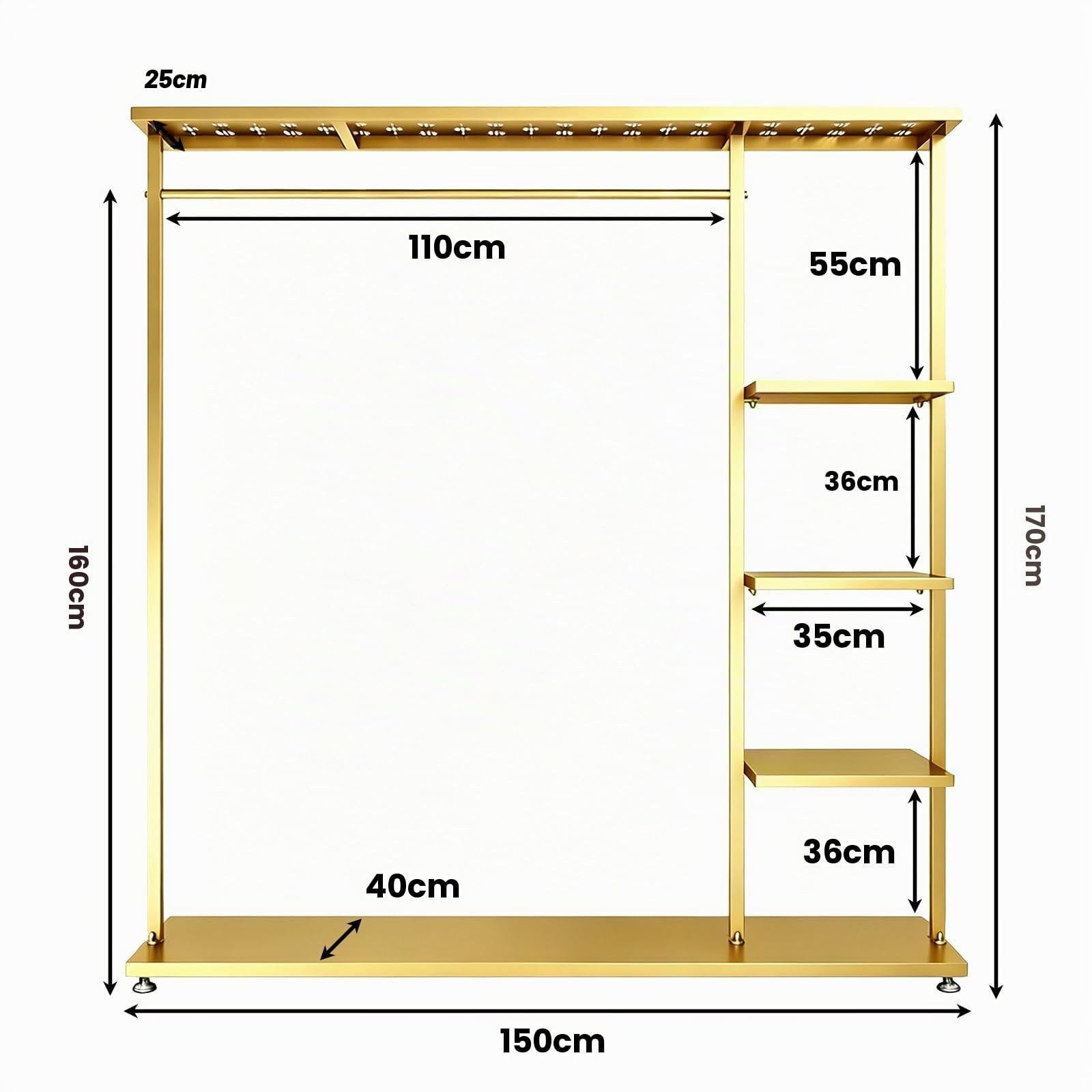 Appendiabiti con Ripiano Inferiore, Stabile Porta Abiti con Ripiano Superiore, 3 Strati Scaffale di Stoccaggio, Metallo Appendi Abiti per Camera, Entrata (Oro, 150x40x170cm)