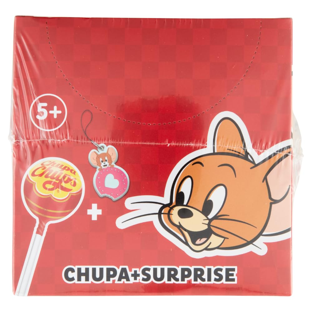 Chupa Chups Surprise Tom&Jerry, 16 Lollipop, Gusto Fragola, 10 Sorprese Tom & Jerry da Collezionare e Scambiare con i tuoi Amici Lecca Lecca Monoporzioni, Ottime come Idea Regalo