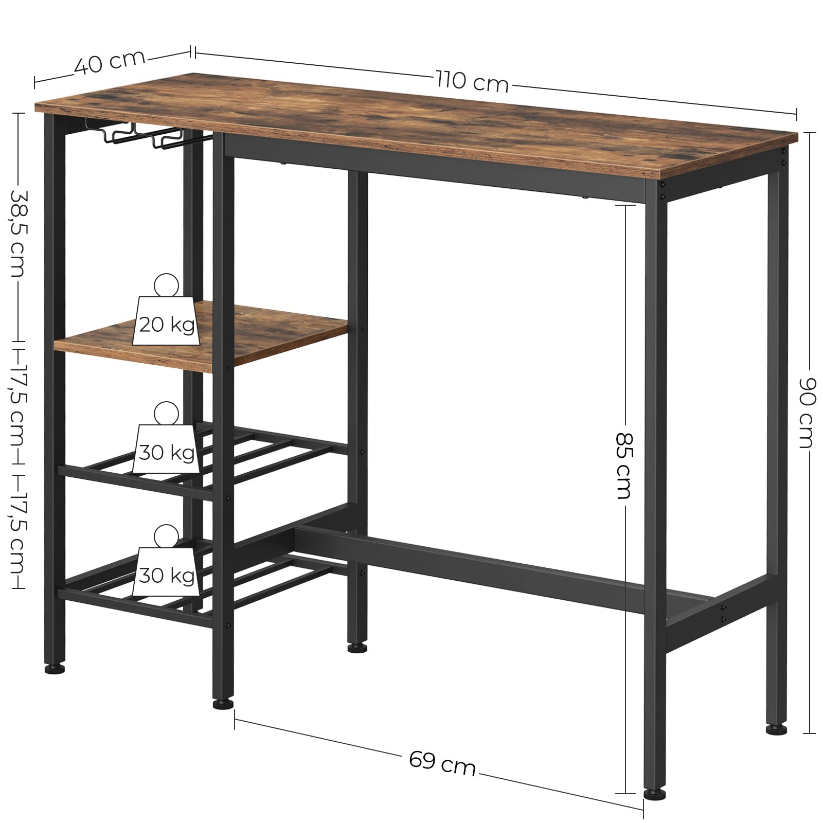 VASAGLE Stehtisch, Bartisch, 110 x 40 x 90 cm, mit Halterungen für Weingläser und Flaschen, Küchentisch, für Wohnzimmer, Küche, Industrie-Design, vintagebraun-schwarz LBT013B01