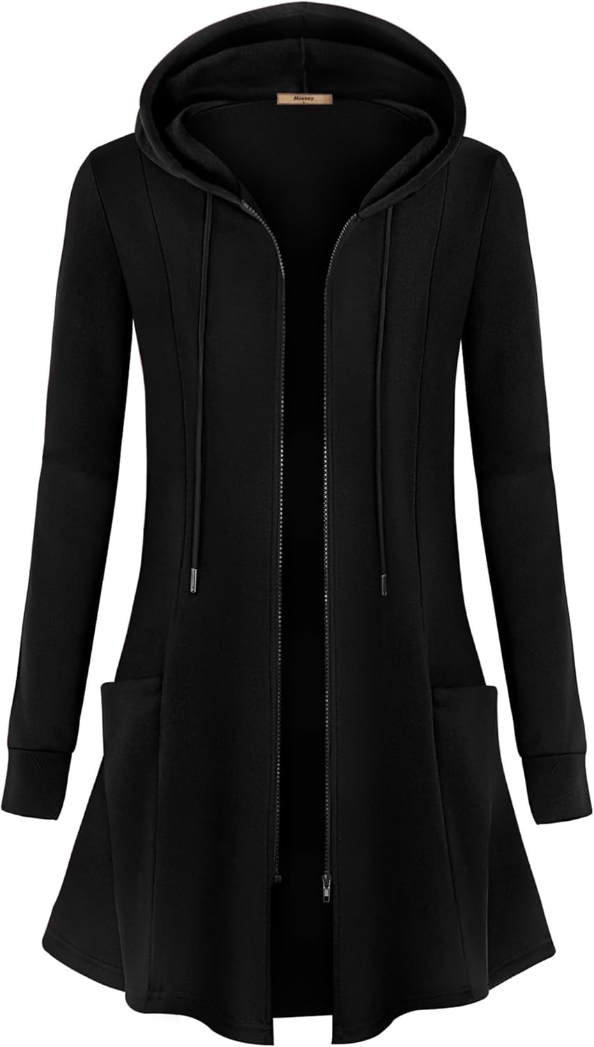 Miusey Womens Zip Up Long Hoodie Jacket Lightweight Tunic Sweatshirt Open Front Cardigan