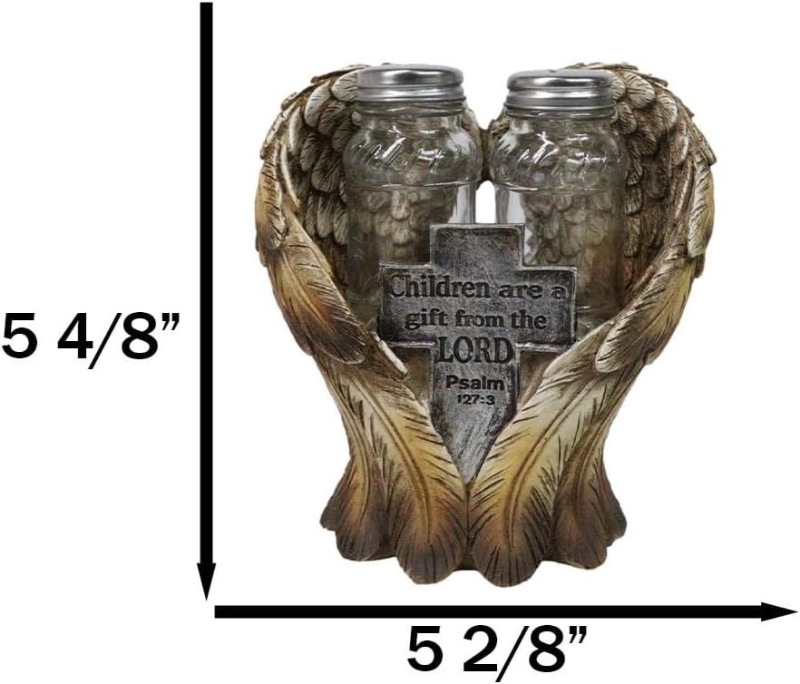 Ebros Gift Decorative Holy Cross Children Are A Gift From The Lord Psalms 127:3 Angel Wings Salt And Pepper Shakers Holder Set in Spiritual Religious Christian Decor Sculpture Kitchen Dining Accent