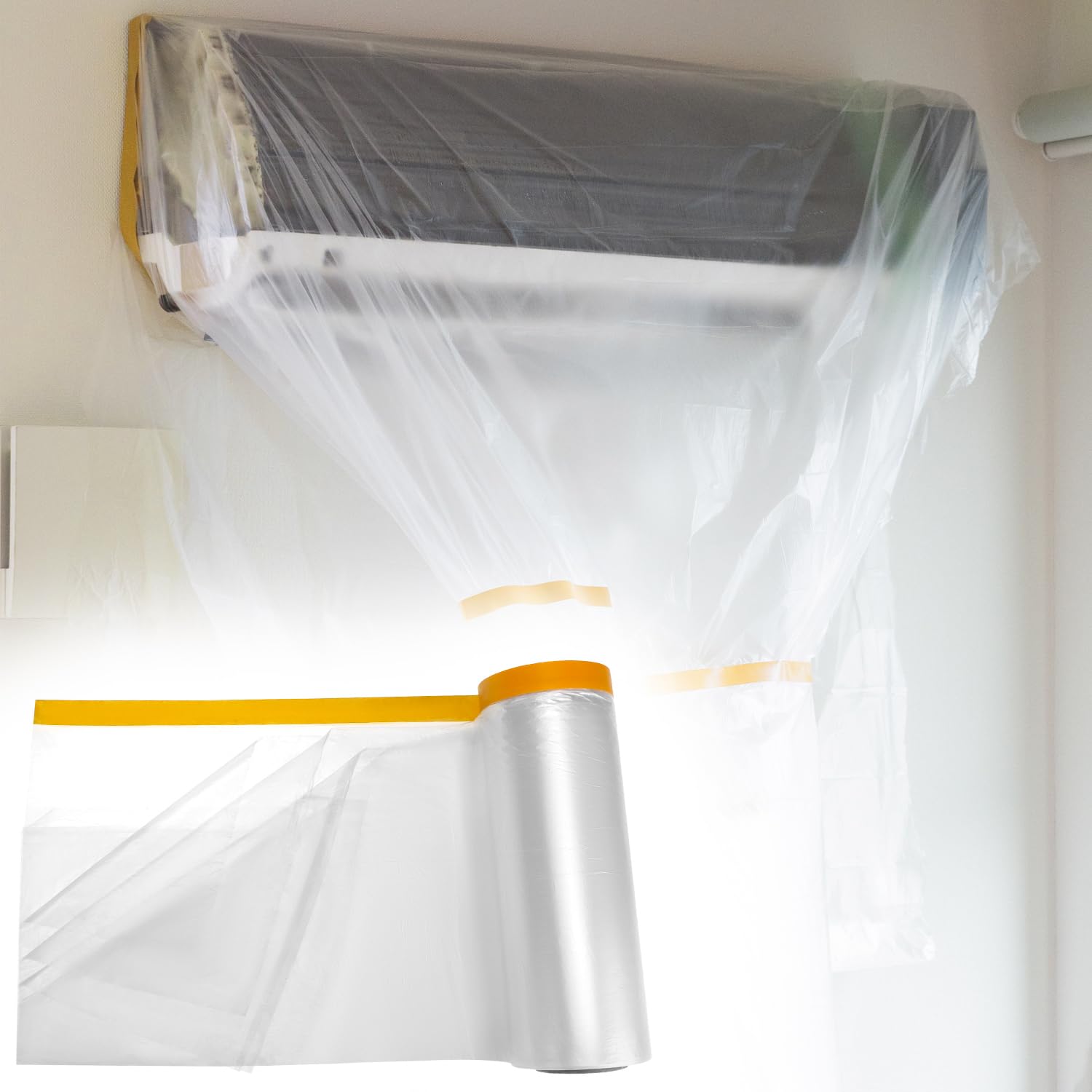 LCOUACEO 4 rollen afdekfolie met plakband, 2,4 m x 20 m afdekfolie, schilder, transparant, afplakband met folie voor stofbescherming, zelfklevende schilderfolie voor meubels, auto, vloer, muur