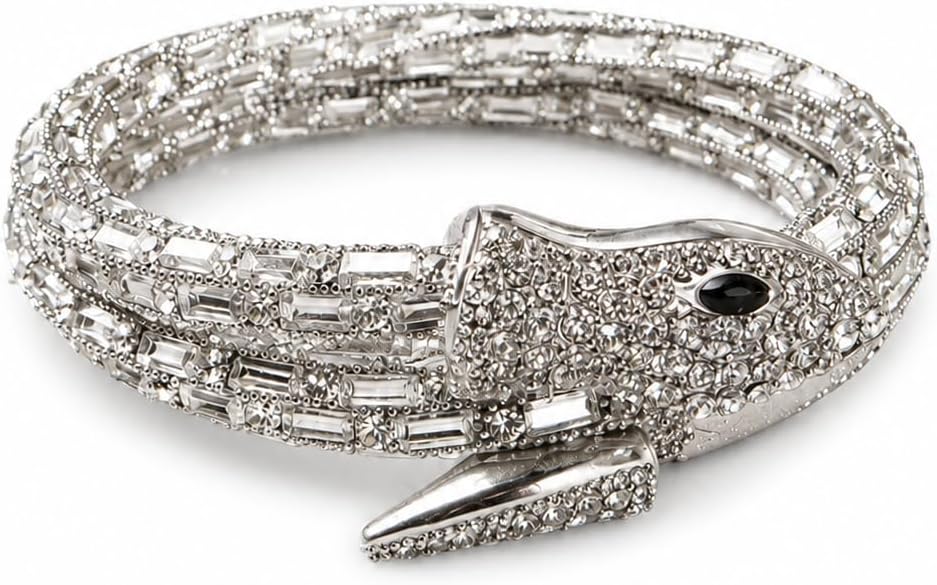Mata Jewellery Haat Silver-Tone Crystal Snake Wrap Bracelet for Women, Statement Bangle with Black Onyx Eye, Fashion Jewellery