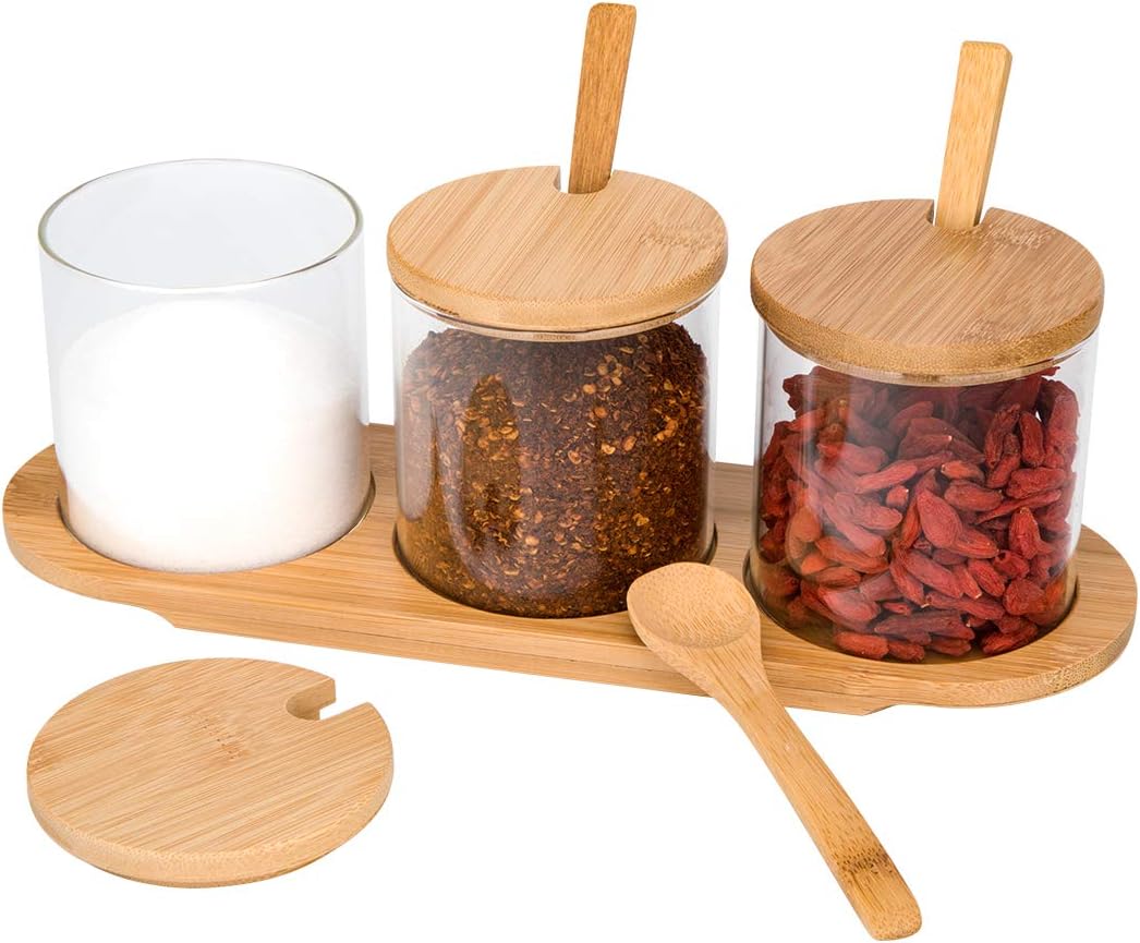 Condiment Containers with Lids,3 Pack Seasoning Containers with lidsand Spoons,Spice Containers with Bamboo Tray Glass Spice Jar Salt Container Spice Bottles for Sugar, 300ML(10.58OZ)