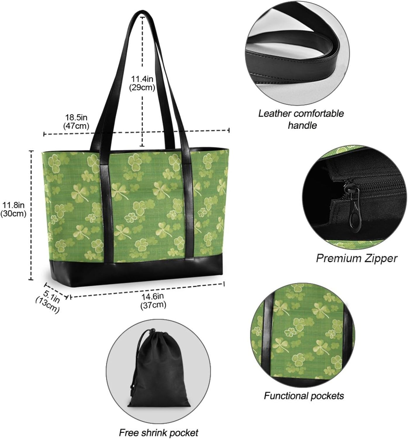 Green Plaid Background with Shamrock Shapes Modern Tote Bags for Laptops with Zipper 14 Inch Bag for Travel with Tablet bolsas para computadoras de mujer
