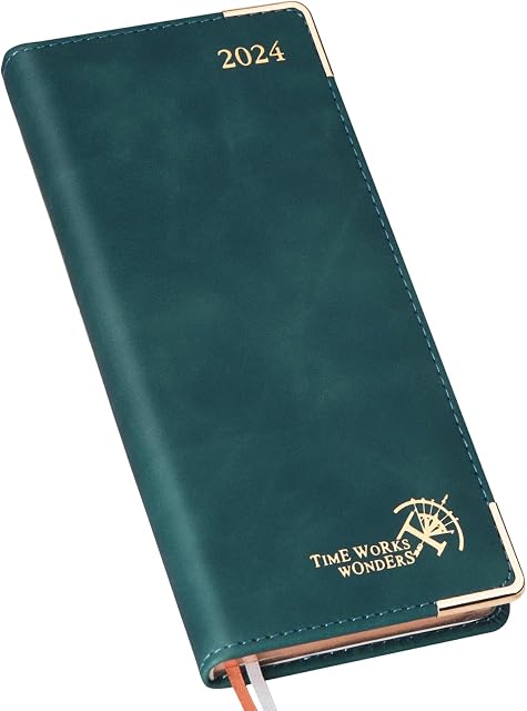POPRUN 2 Year Month to View Pocket Diary 2024-2025 17.5x8 cm (24 Months: Jan'24 - Dec'25) Slim Monthly Planner 24-25, 4 Pages per Month, 144 Pages, PU Leather Hardback(Peotrol Green)