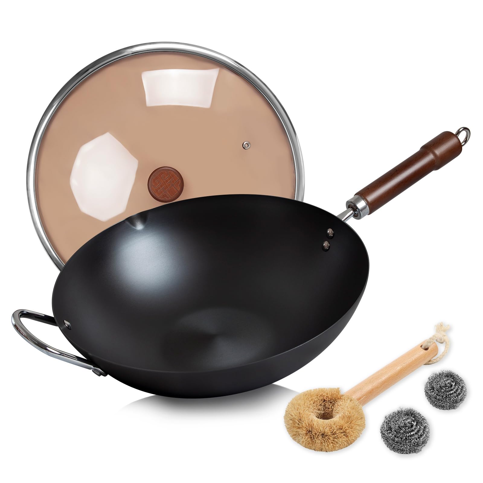 WANGYUANJI13.4" Woks with Dishwashing Brush Set