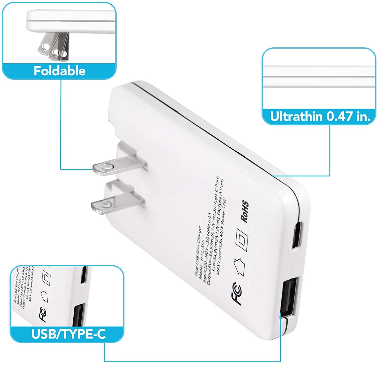 Dual Flat Wall Charger, Fast 30W Flat USB Wall Plug, 2 in 1 Foldable Slim USB C Wall Charger for USB Type-C & Type-A Devices, iPhone 16 15 14 13 12 Pro Max, iPad, Airpods, Samsung Galaxy and More