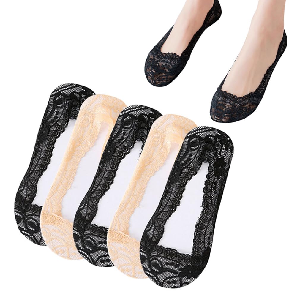 ORiTi5 Pairs No Show Socks Low Cut Flat Invisible Liner Socks Non Slip Lace Casual Boat Socks for High Heels Flats Women Girl