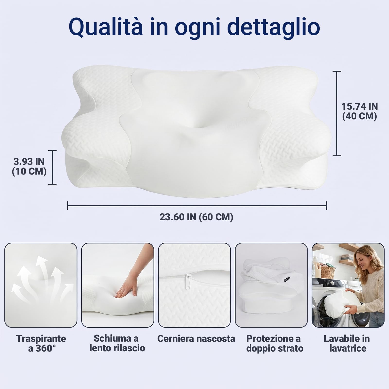 COSYLAND Cuscino cervicale ergonomico 2 in 1 in memory foam, cuscino cervicale ortopedico per dormire, schiena, fianchi e pancia, 60 x 40 x 11/14 cm