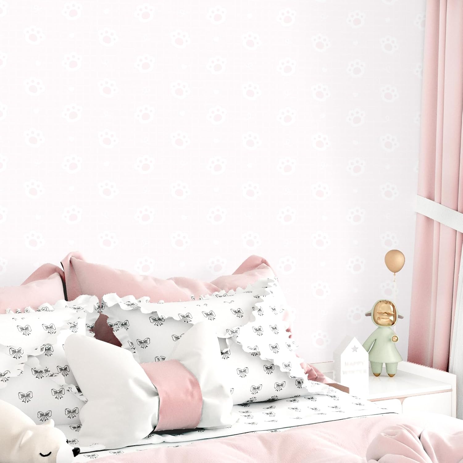 Pink Paw Print Wallpaper Peel and Stick Fun Cute Nursery Wallpaper Pink Cat Self Adhesive Removable Wall Stickers for Bedroom Kids Room Cabinets Countertop Decorative Contact Paper 17.5"x102"