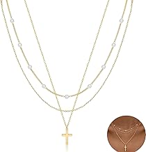 Oykrueats Gold Kreuzkette Damen, Gold-Schichtige Perlenhalskette mit Anhänger, Schmuck & Geschenkidee Laufader: 100 cm