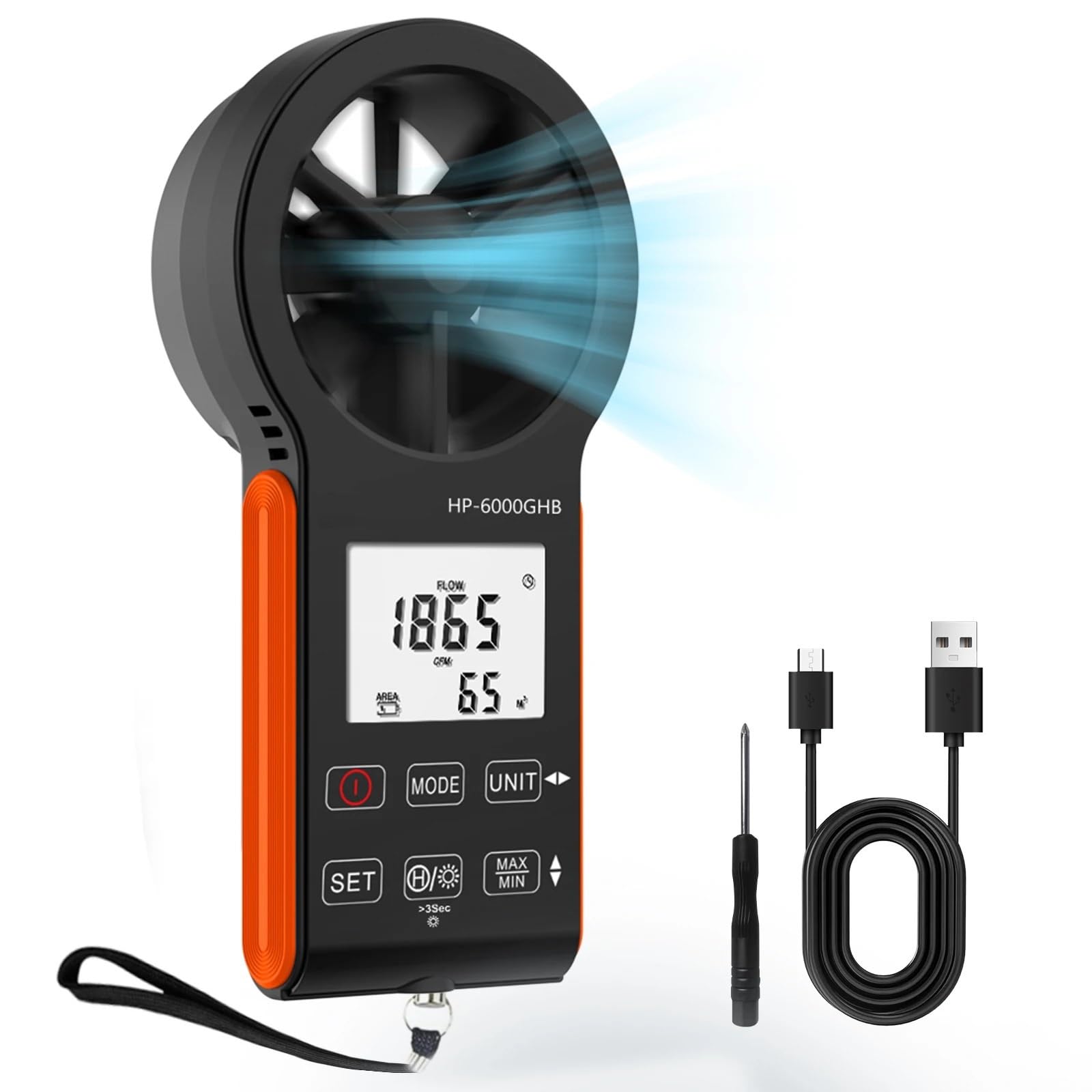 Anemómetro, Anemómetro digital portátil, medidor de velocidad del viento, CFM, medición volumen aire con retroiluminación LCD