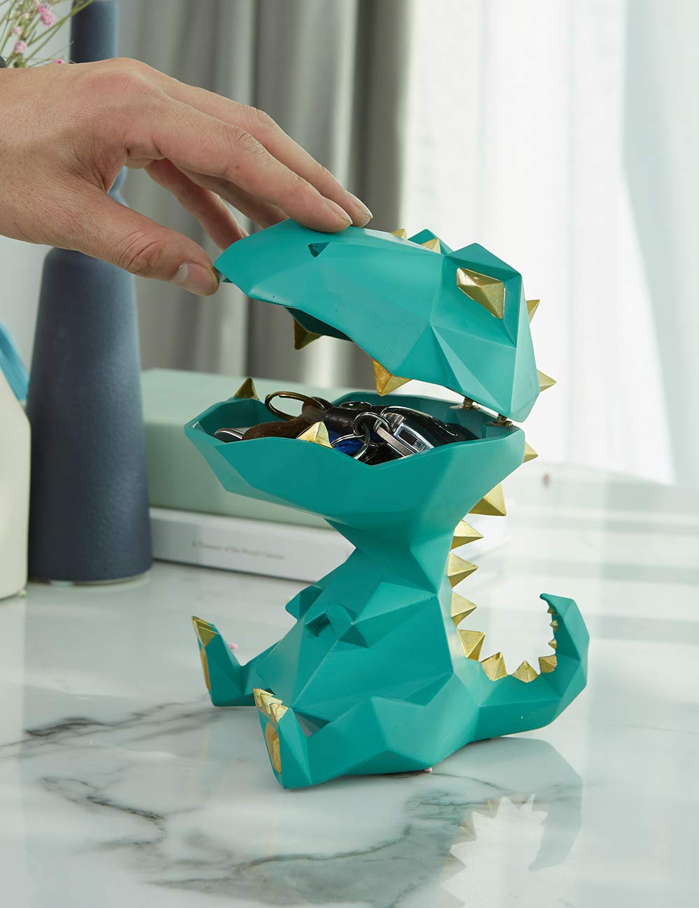 HAUCOZE Cuenco de Dulces Dinosaurio Jarra de Galletas Escultura Decorativa Moderna Arte Hogar Regalo para Familiares Amigos Amantes Verde 18cm
