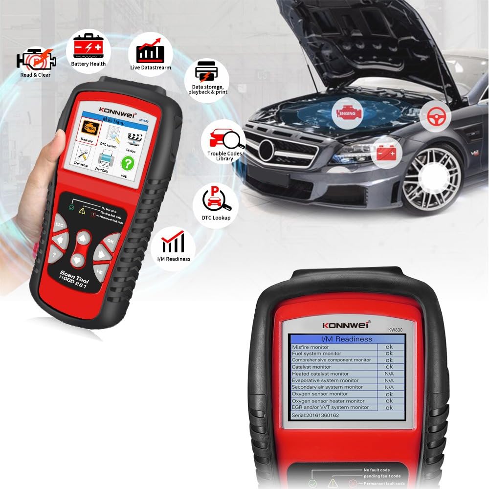 KONNWEI KW830 skaner OBD2, czytnik kodów OBD2, narzędzie diagnostyczne do samochodu z pełnymi funkcjami OBD2 i testerem akumulatora do odczytywania i usuwania kodów błędów pojazdu, obsługuje