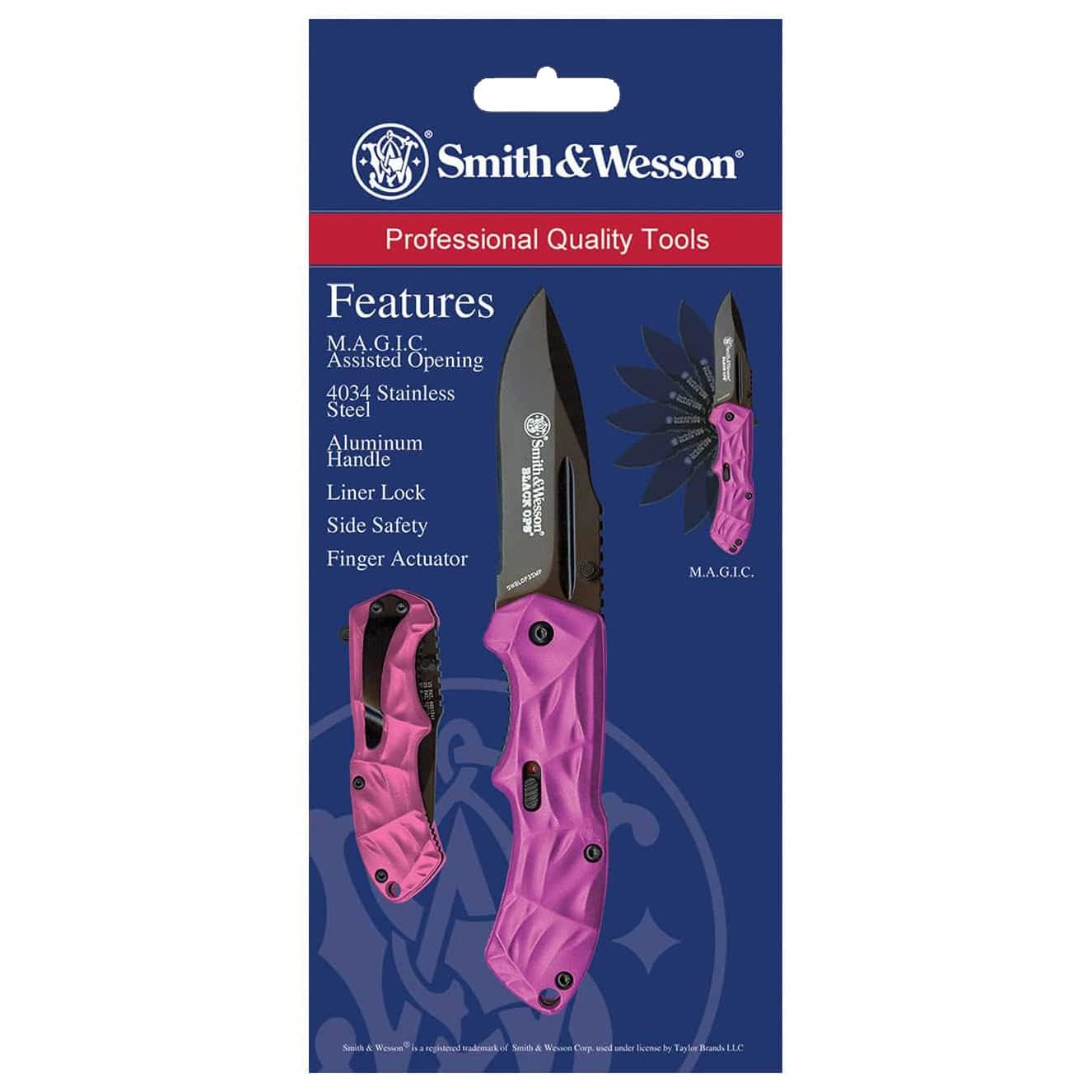 Smith & Wesson Black Ops SWBLOP3SMP Pink 5.8in S.S. Assisted Opening Knife with 2.5in Drop Point Blade and Aluminum Handle for Tactical