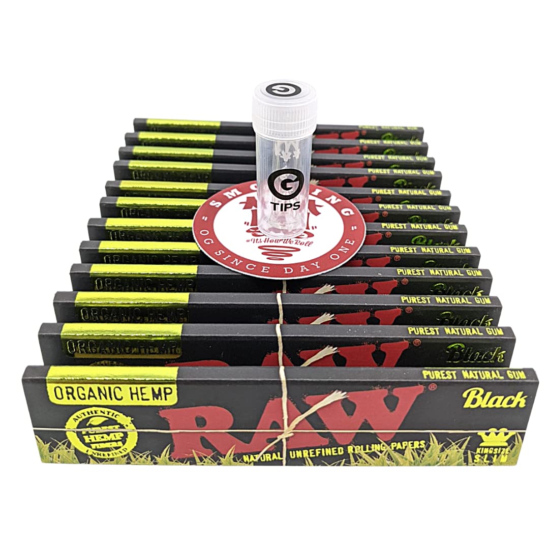 RAW Black Organic Hemp | 12 Booklets King Size Slim Raw Rolling Papers | Ultra Thin Organic Vegan Black Raws Includes Glass Tip Roach | G Tips Raw Bundle Gift Set
