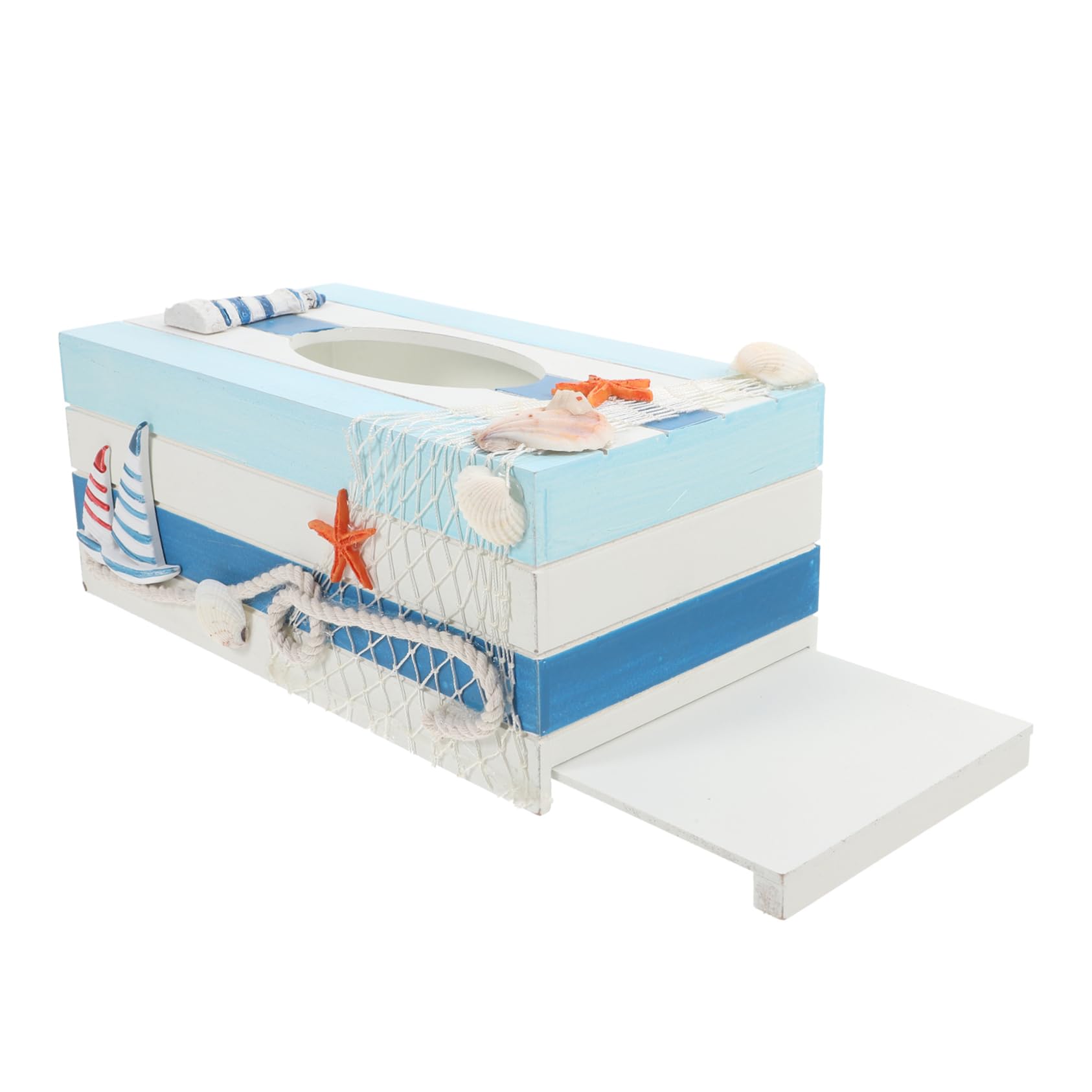 Unomor 1Pc Mediterranean Decorative Wooden Tissue Box Stylish Storage for Home Office Automotive Decor Unique Streaked Lighthouse Sailboat Design Craftsmanship