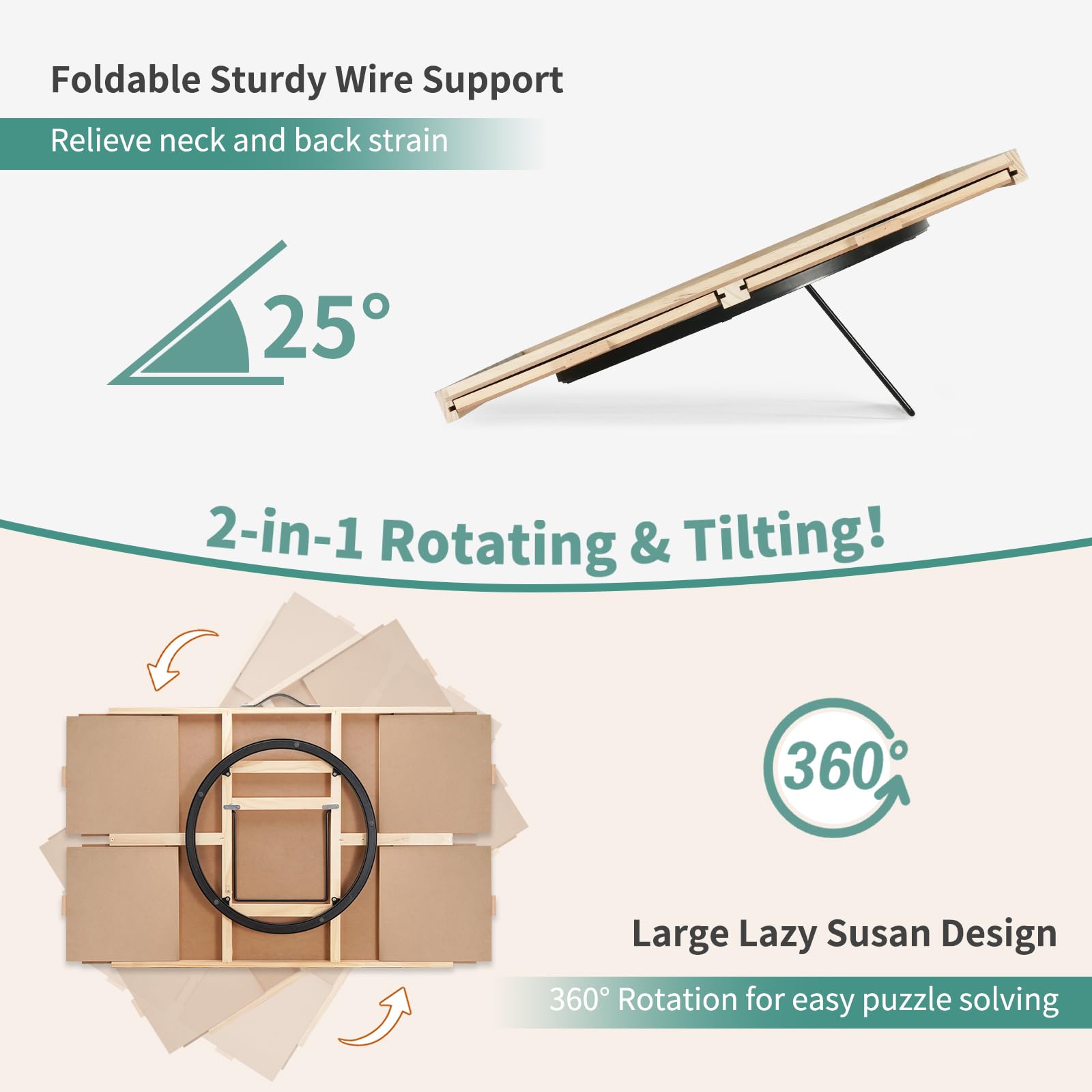 Planche Puzzle 2-en-1 Inclinable & Rotative 64x87 Cm – Table Puzzle Bois Avec 4 Tiroirs, Lazy Susan, Couvercle, Portable Pour Adultes
