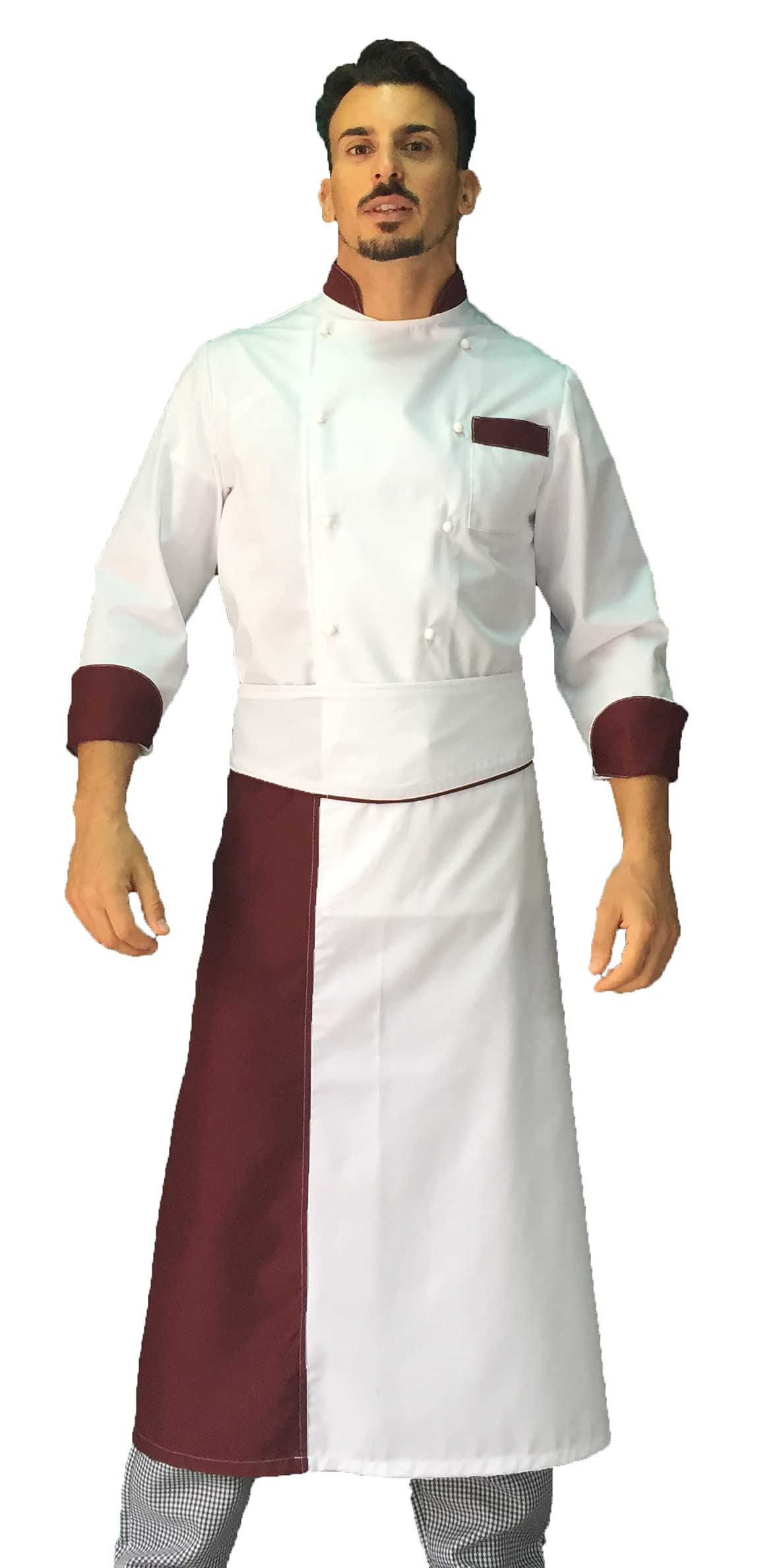 Ricamo Gratuito - Completo Cuoco Uomo - Bianco/Bordeaux - Divisa Chef - Giacca, Pantaloni e Grembiule - Uniforme per Cucina e Ristorante - Made in Italy