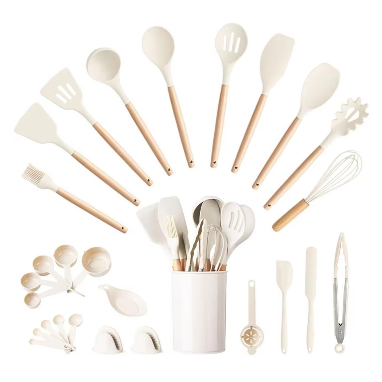 Silikon Küchenhelfer Set 28-teiliges Silikon-Kochutensilien-Set mit Halter, antihaftbeschichteter Küchenspatel, antihaftbeschichtetes Kochgeschirr(Ivory)