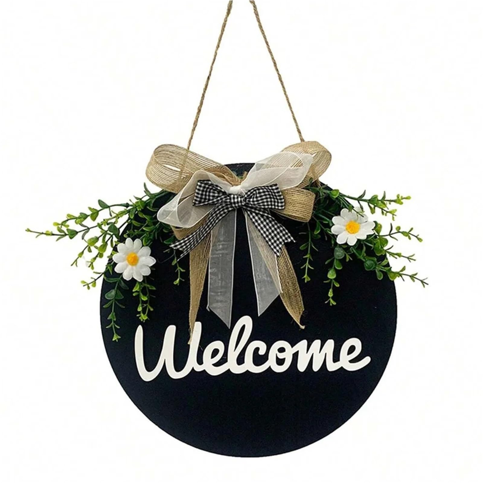 Wooden Welcome Sign 12 Inch Welcome Sign For Front Door, Decor For Farmhouse Porch, Rustic Wreaths With Stapled Greenery for home(Black)