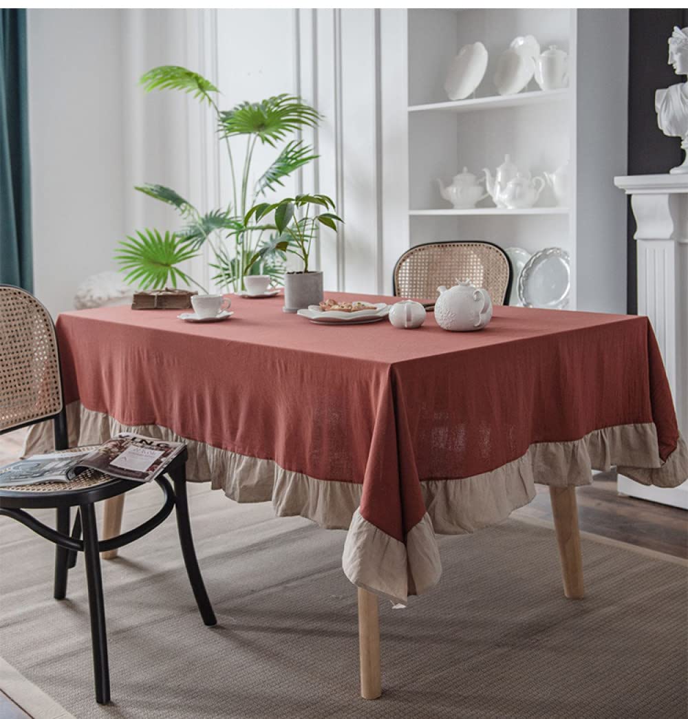 HGJH Dining Table Cover,Boho Linen Tablecloth Rust Beige Ruffles Farmhouse Handcrafted Flounce Stitching Natural Fabric Tablecloth Wedding Party Dining Banquet Decoration,140X200Cm