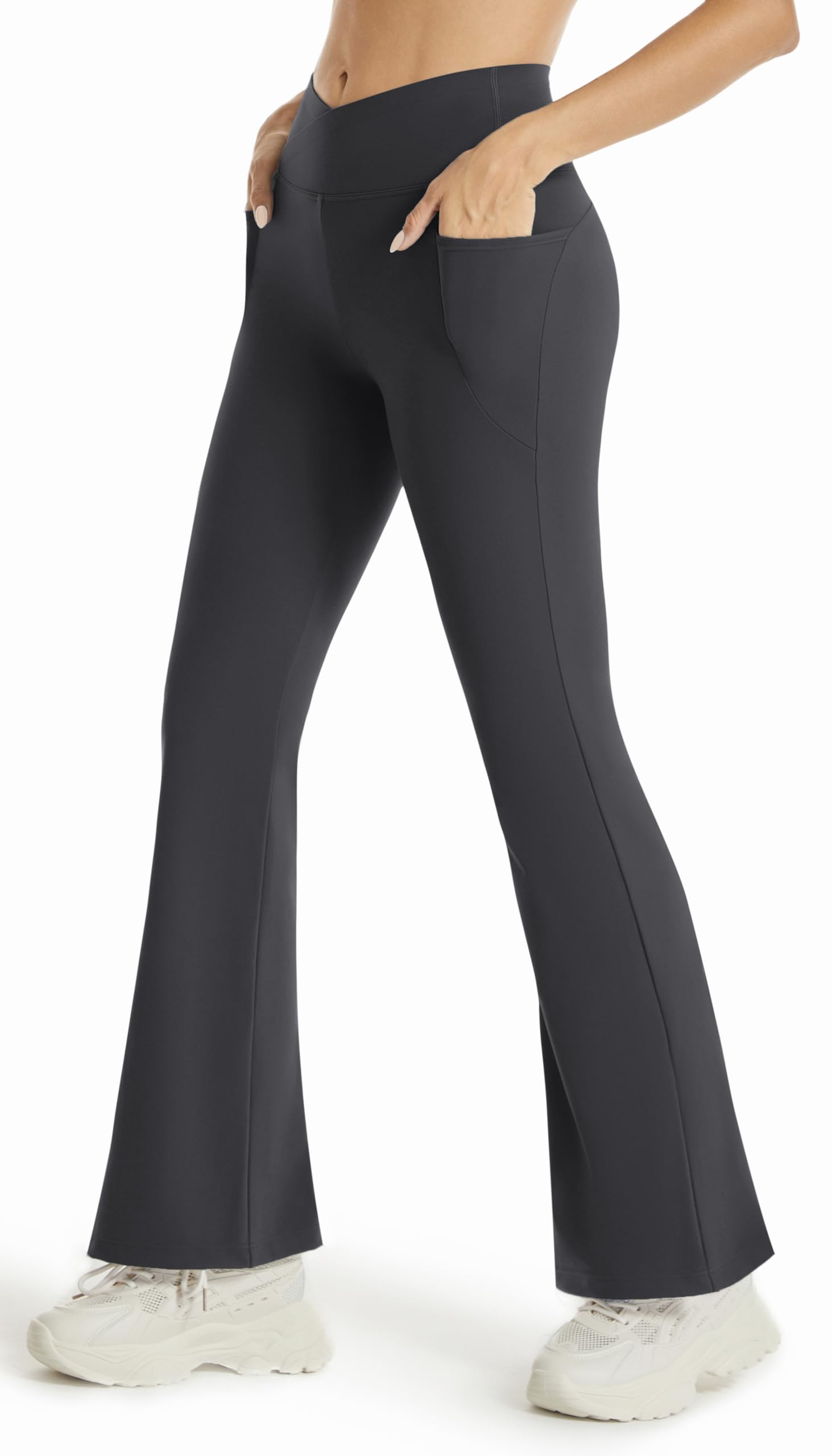 Maxbee Yoga Pants with Pockets for Women V Crossover High Waisted Flare Bootcut Leggings Workout Bootleg Dress Pants Tummy Control Dark Grey