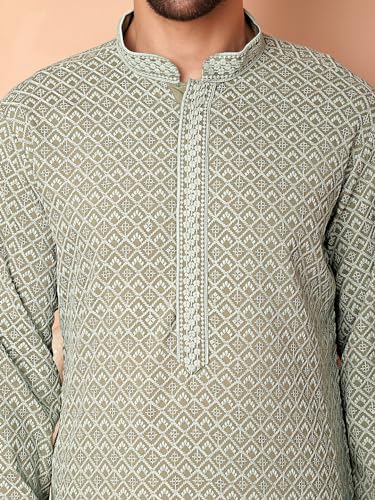 Image of Jompers Men's Pista Embroidered and Sequence Kurta with Pyjama (Pista, S)
