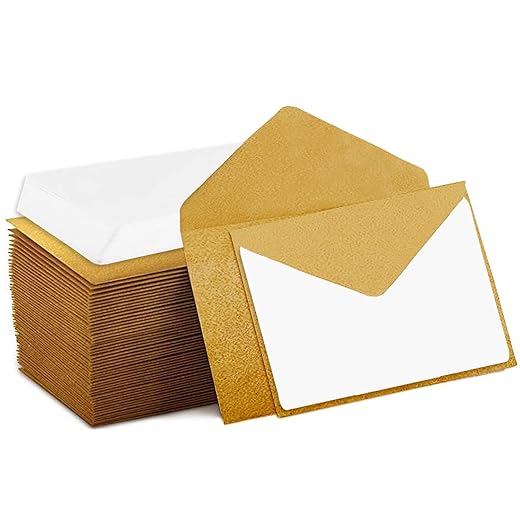 140 Mini Envelopes With White Blank Note Cards, Mini Envelopes 4"x 2.7" For Business Cards, Gift Cards (Gold)
