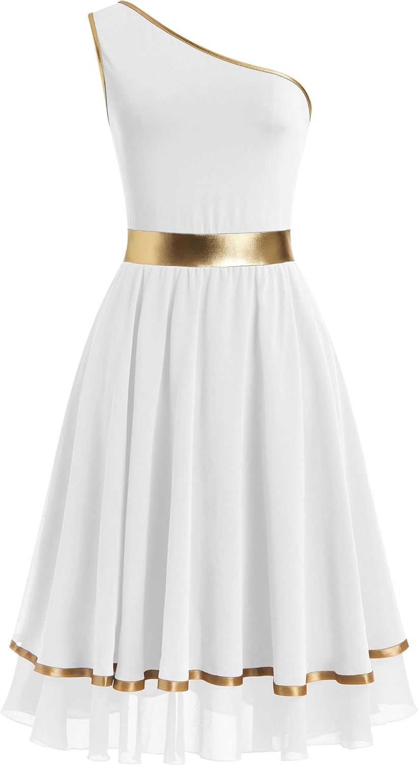 IBAKOM Women One Shoulder Praise Dance Tunic Dress Metallic Waist Chiffon Skirt Worship Overlay Tunic Liturgical Dancewear