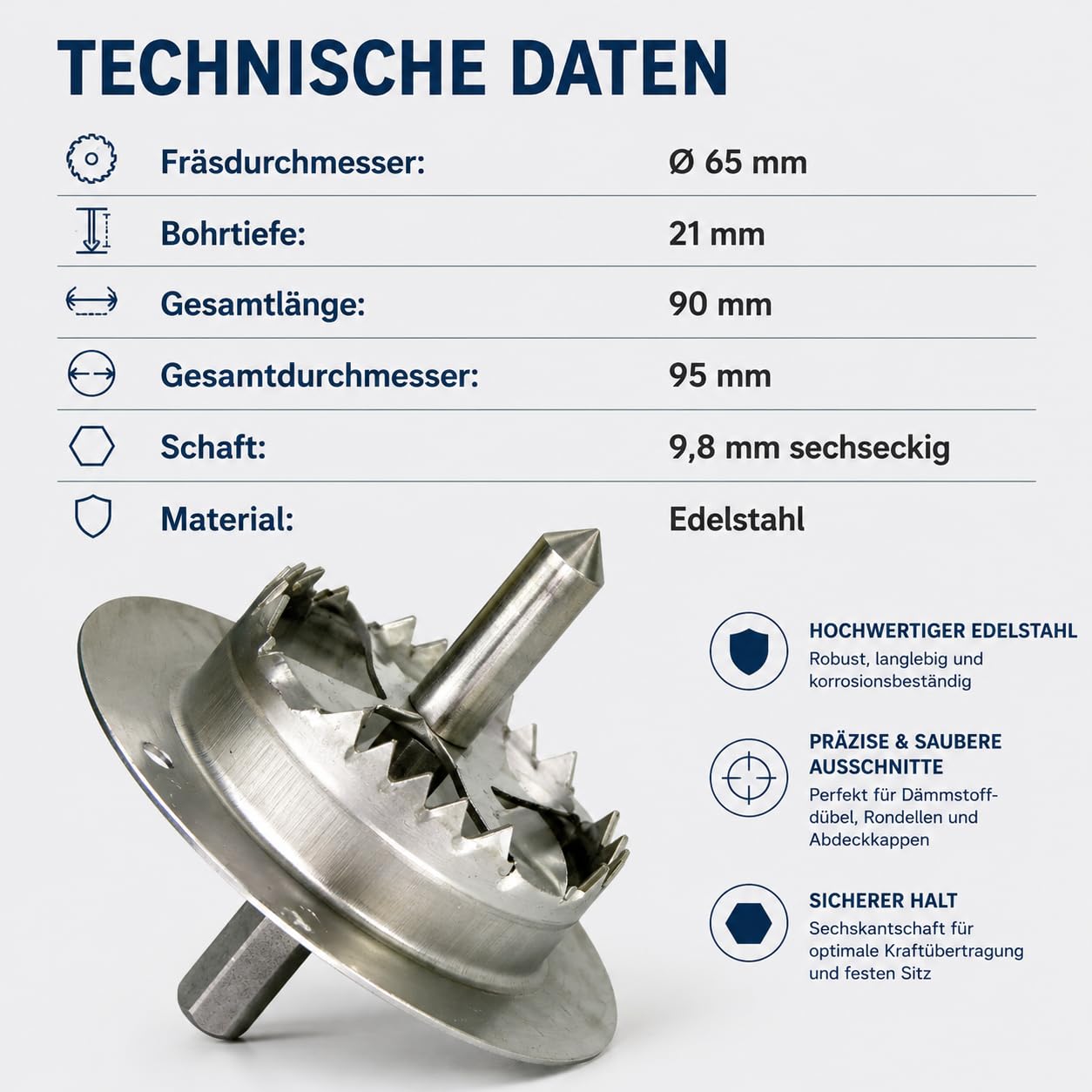 Premium Styroporfräser Ø 65 mm Edelstahl WDVS Fräser für Dämmstoffdübel Styroporschneider Fräswerkzeug für Fassadendämmung Wärmedämmung ETICS Sechskant Schaft