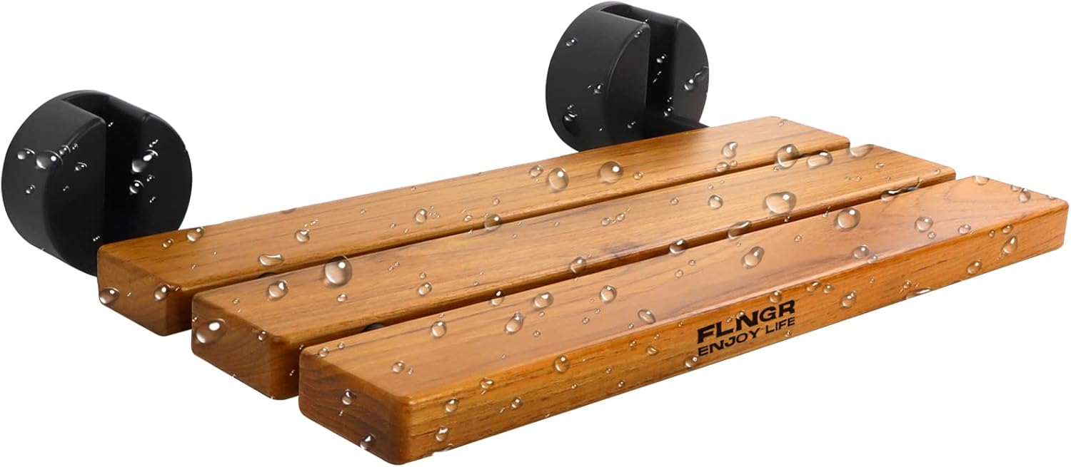 20 inchs Teak Folding Shower Seat Wall Mounted,Fold Down Shower Bench for Small Shower Space, Home Care Teak Wood Stool for Inside Shower,Pregnants-Maximum Load 440lb,for Elderly, Adults Black & Yellow