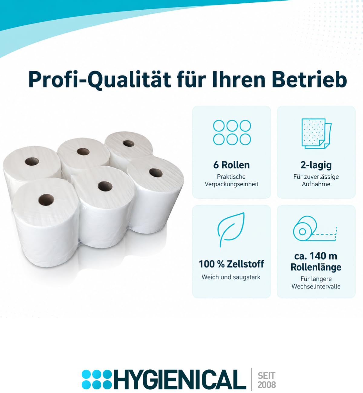 Premium Handtuchrollen 2-lagig, ca. 21 cm breit, aus 100% Zellstoff, kompatibel mit Spendern für Außenabwicklung, 6 Rollen – Weiche und saugstarke Papierhandtuchrollen