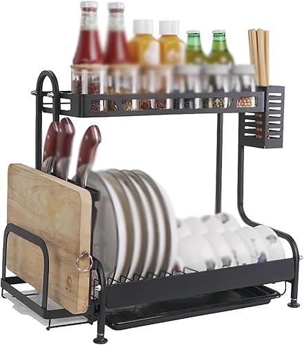 LONONE Escurridor de platos que ahorra espacio de 2 niveles para encimera de cocina, bandeja escurridor de platos de acero inoxidable con soporte