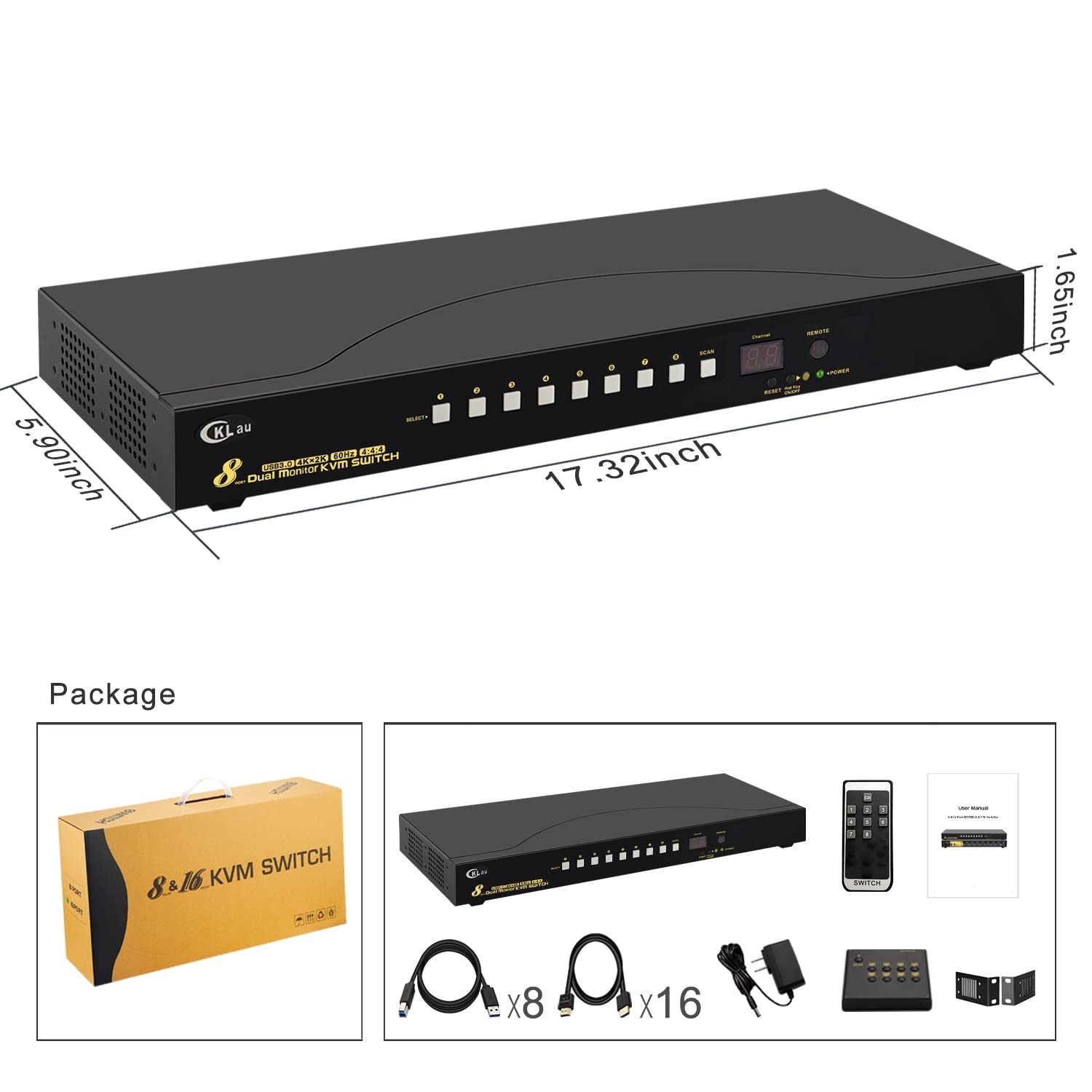 Commutateur KVM HDMI 8 ports USB 3.0 - Double écran - 4K60Hz avec audio - 2 PC - Hub USB 3.0 - Support de rack et câble - Souris de clavier - Prise en charge de la commutation sans fil