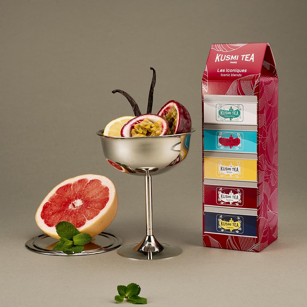 Kusmi Tea - Coffret "Les Iconiques" - Assortiment de Thés Bio - Idée Cadeau Homme et Femme - Thé Noir, Thé Vert, Thé Blanc et Infusion - Fabriqué en France - 5 Boîtes de 25g