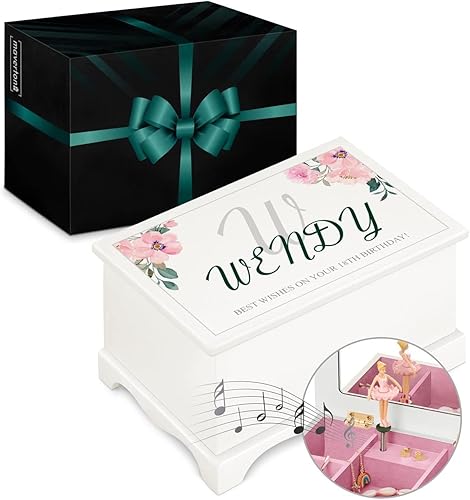 Maverton Caja de música personalizada de bailarina de ballet para mujer, joyero personalizado para niñas, estuche de madera blanca con espejo, para