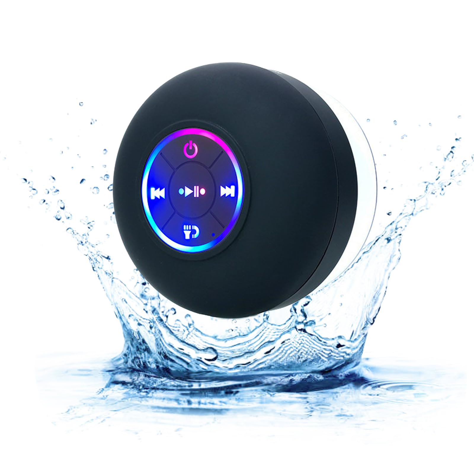 Mini Bluetooth Shower Speaker, Ipx4 Waterproof Bluetooth Wireless Speaker with Suction Cup, Portable Bluetooth Speakers with LED Light, Shower Speaker for Bathroom (Black)