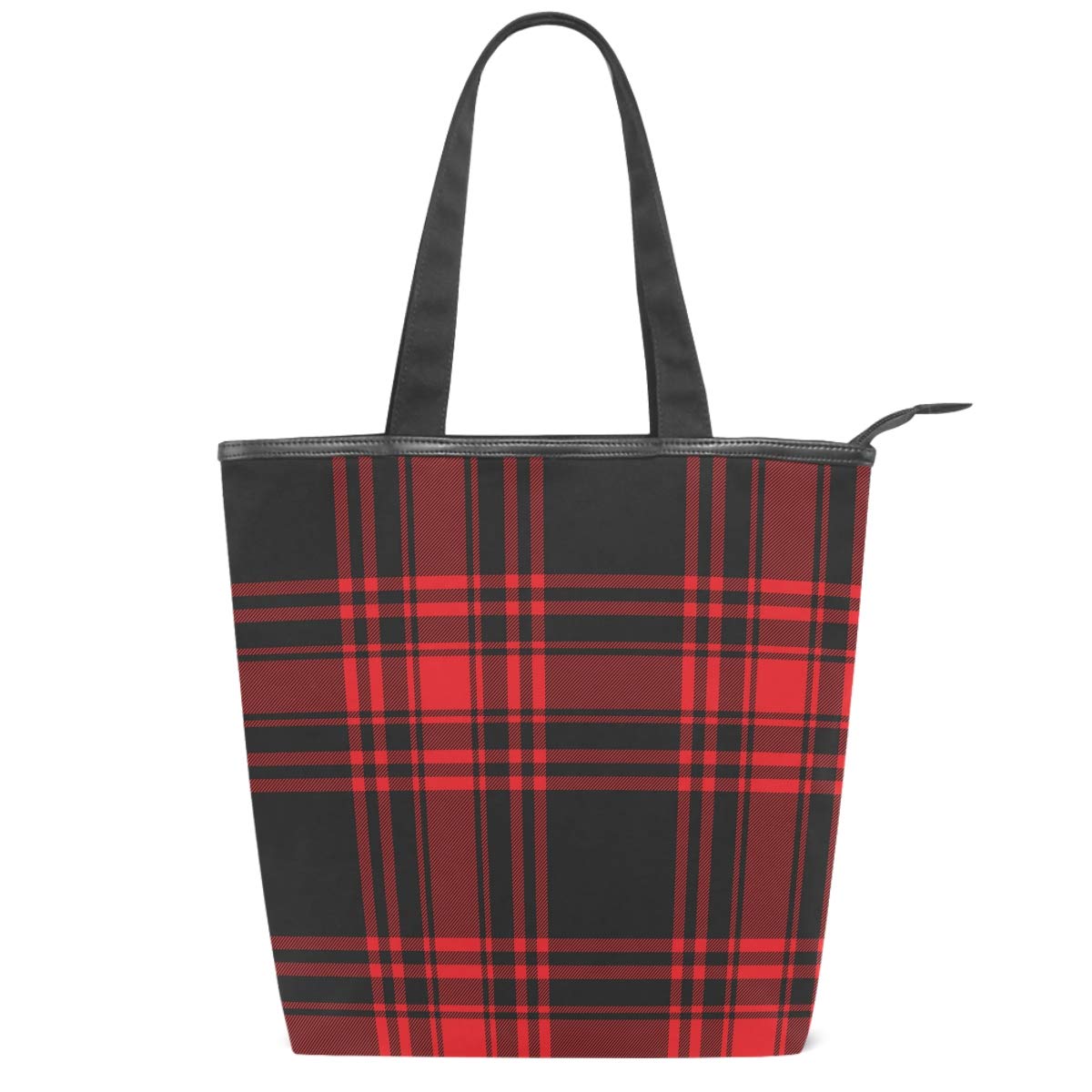 Pfrewn Red Black Plaid Canvas Tote Bag Christmas Tartan Check Casual Shoulder Bag Handbag with Zipper Eco-Friendly Reusable Grocery Shopping Bags for