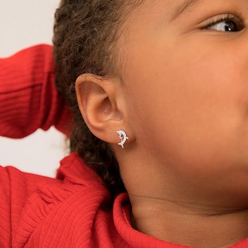 Miniatura 3 de Aretes de plata de ley 925 con circonita cúbica transparente náutica y delfín para niñas pequeñas, preadolescentes y adolescentes, 0.354 in, joyería