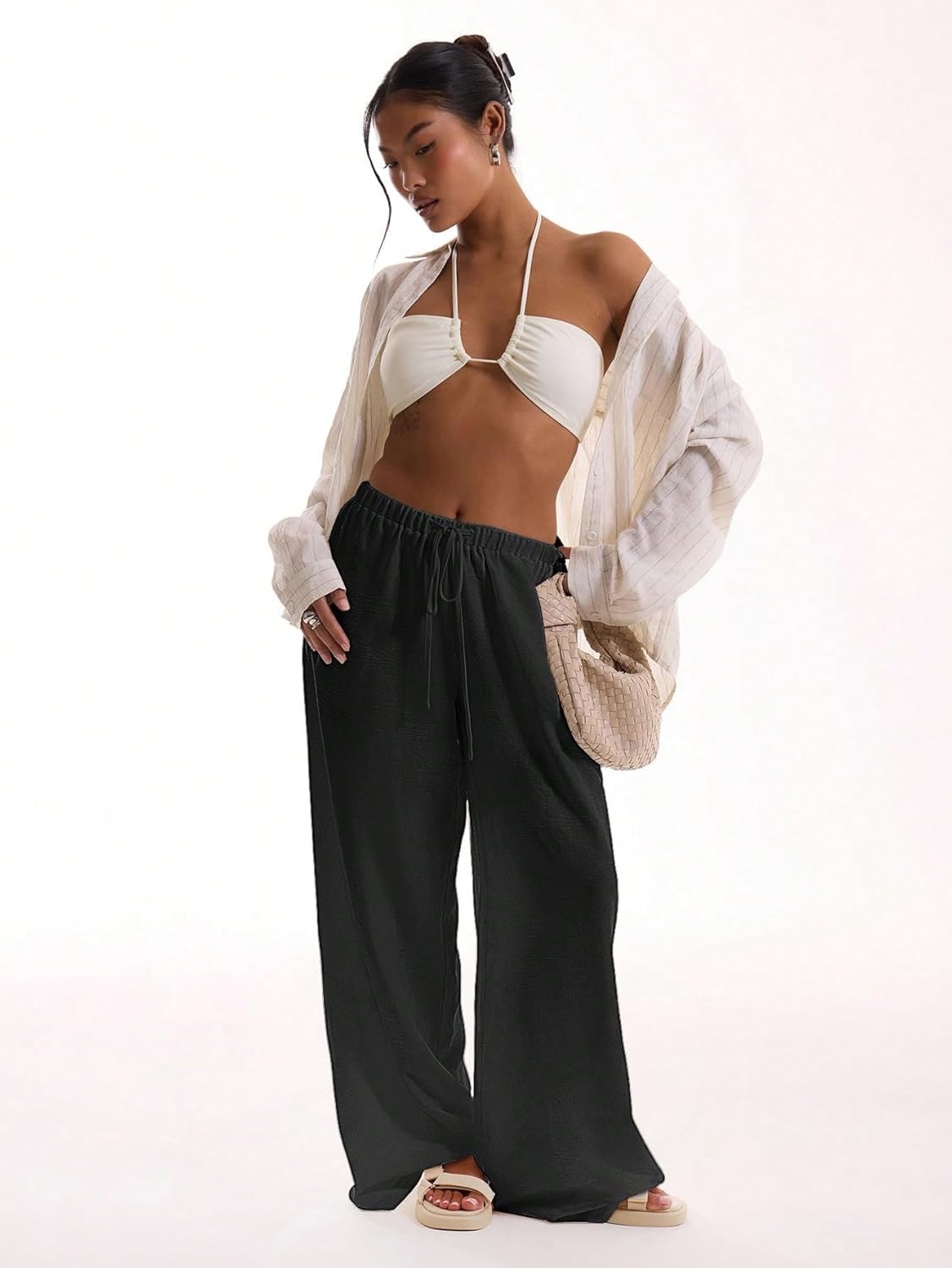 Womens Linen Pants Wide Leg Loose Cotton Swimsuit Coverups Summer Pants Beach Vacation Outfits Black Small - Image 5