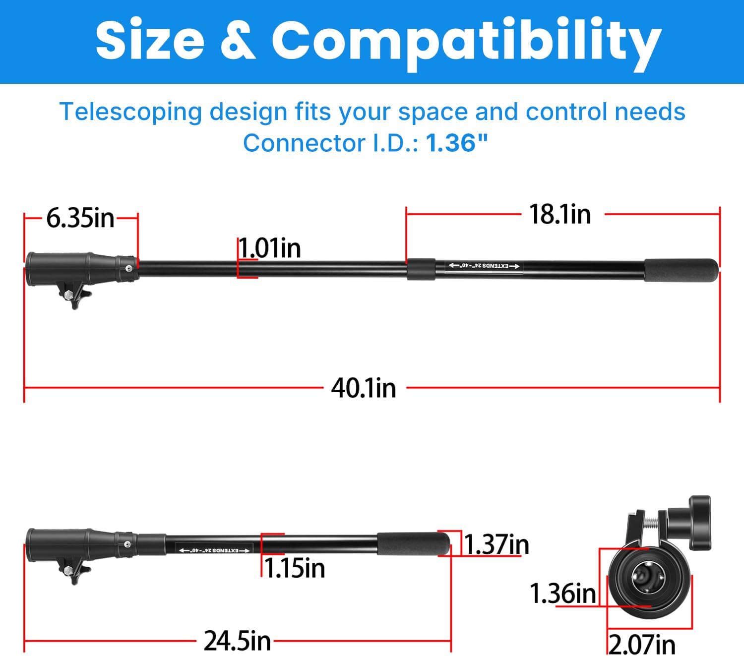 MKA-44 Telescoping Extension Handle Compatible with Minn Kota Transom-Mount Trolling Motors, 24" to 40" Adjustable Steering Handle for Most Hand-Steer Outboard Motors, Tool-Free Quick Install