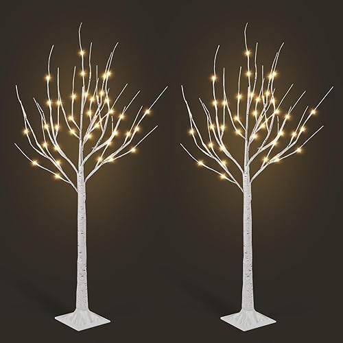 Juego de 2 árboles de abedul iluminados de 4 pies, árbol de abedul con luces de hadas, decoraciones de Navidad blancas cálidas para la decoración