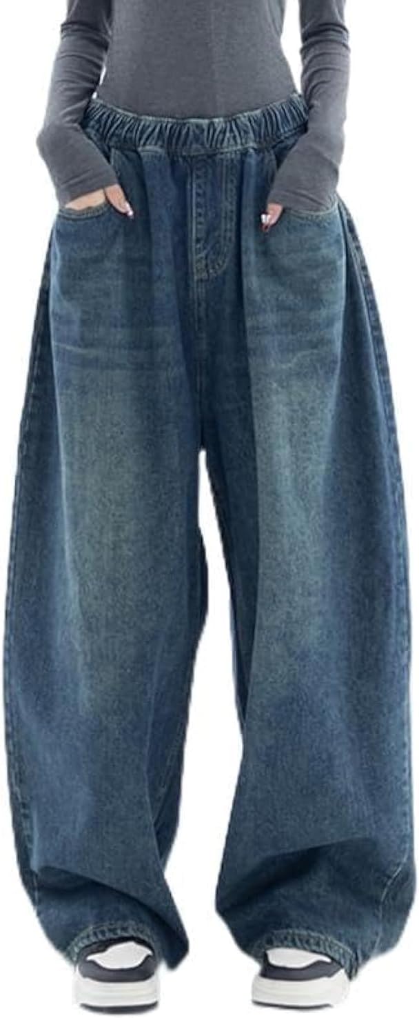 EMMIOL Baggy Boyfriend Jeans Dark Wash Vintage Pants Women’s Y2K Street Fashion Wide Leg Denim Pants