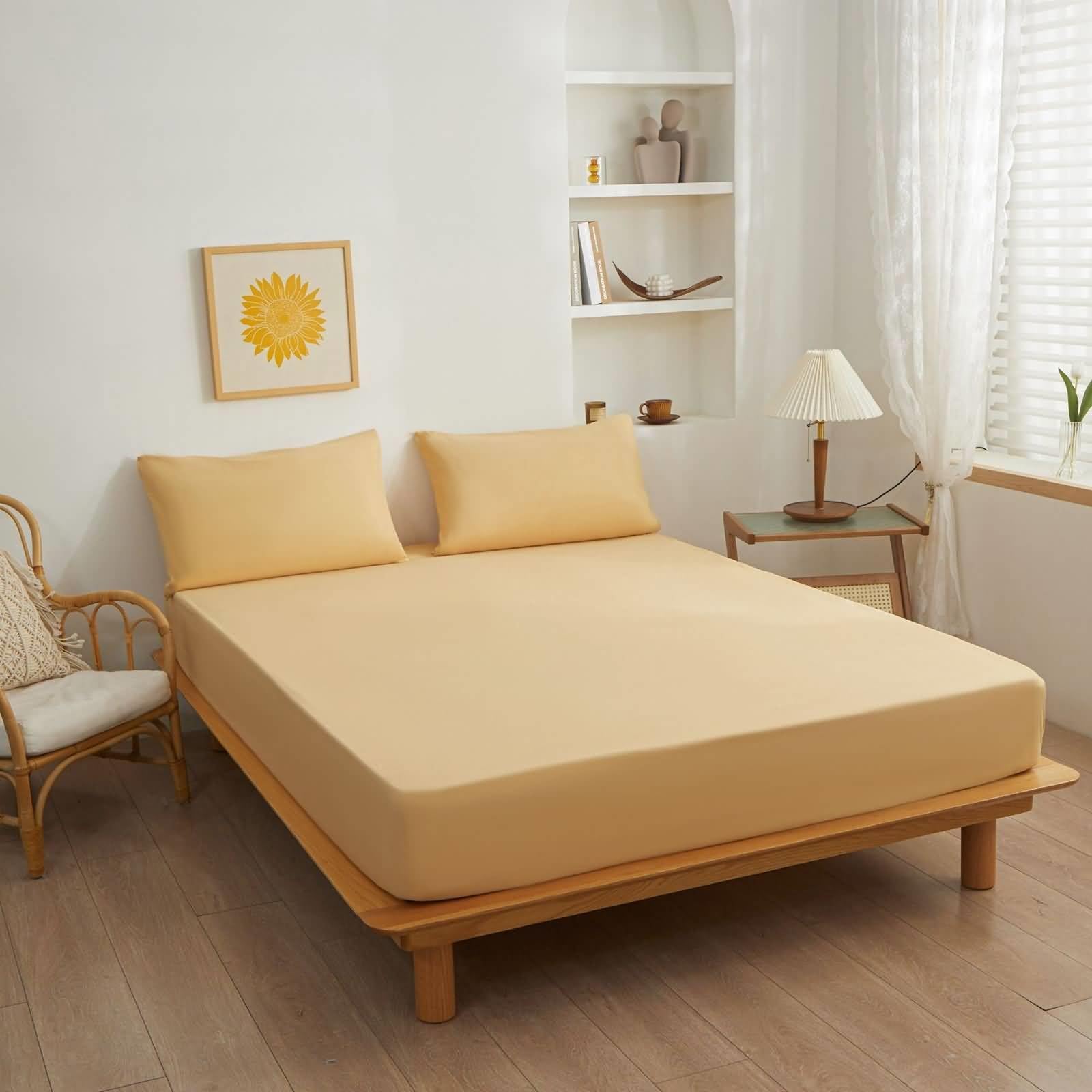 Epinki Fitted Sheet Deep Pocket, Double Size, 135x200cm, 25 cm Deep, Yellow, Polyester Solid Color Bed Sheet