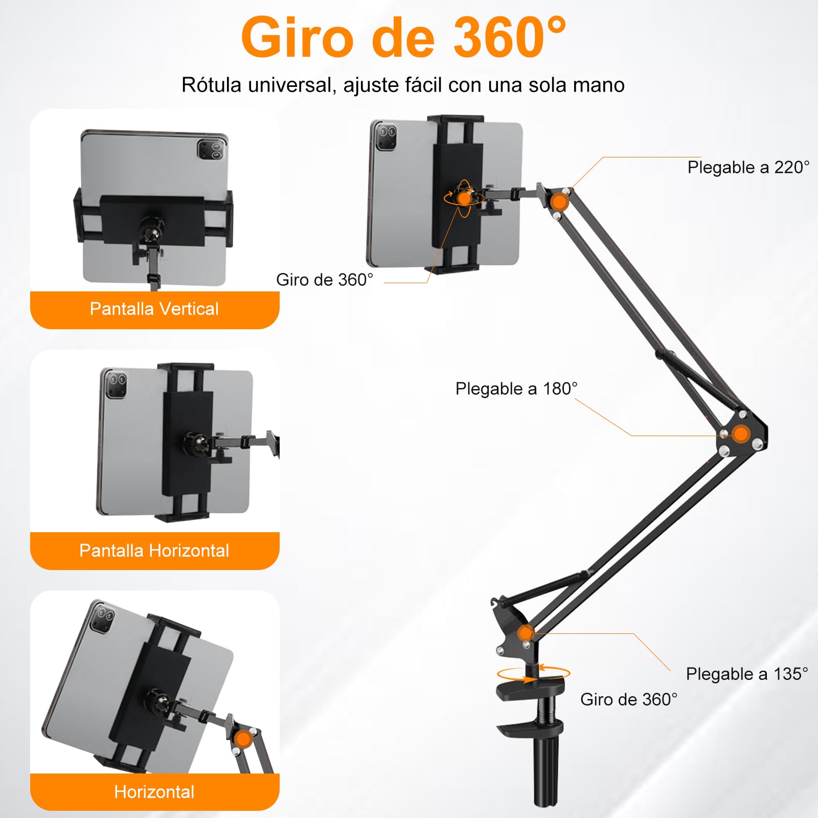 Soporte Tablet Cama, Soporte para Tablet Rotación de 360°, Apto para Teléfonos Móviles o Tabletas de 4,7 a 13 Pulgadas, Apto para Sujetar Superficies Planas con un Grosor Máximo de 6,5 cm